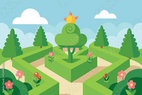 Cartoon Hedge Maze Garden With Flowering Vines