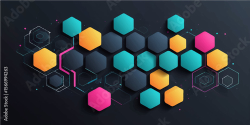Here's a single sentence combining those elements:

Abstract colorful geometric pattern background with vibrant squares, circles, and hexagons for modern design and technology illustration