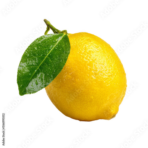 Close-up of a ripe yellow lemon with a green leaf. The image shows a fresh lemon with a leaf, ideal for illustrating healthy eating and freshness.