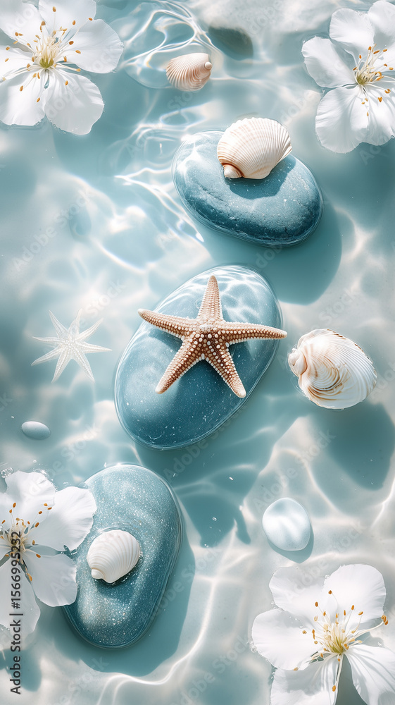 Naklejka premium Seashells, starfish, and pearls on the beach, wallpaper 