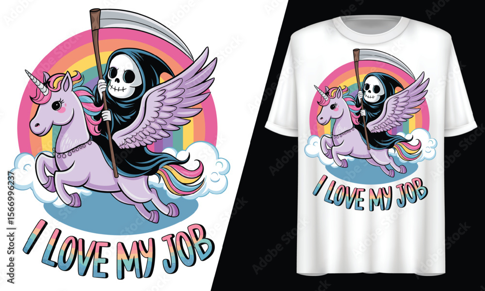 Unicorn Riding Horse, Rainbow, I Love My Job, T-Shirt Design. Unicorn Riding Horse, Rainbow, I Love My Job, T-Shirt Design.