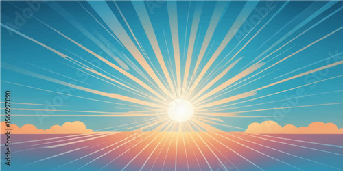 Sunrise over ocean with sun shining through clouds and bright blue sky