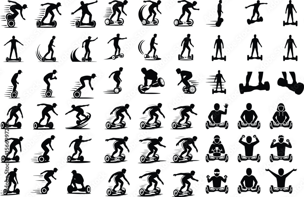 Naklejka premium Person on Hoverboard Icons – Black Silhouette Vector Pack Hoverboard Rider Silhouette Set – Modern Transport Icon Collection