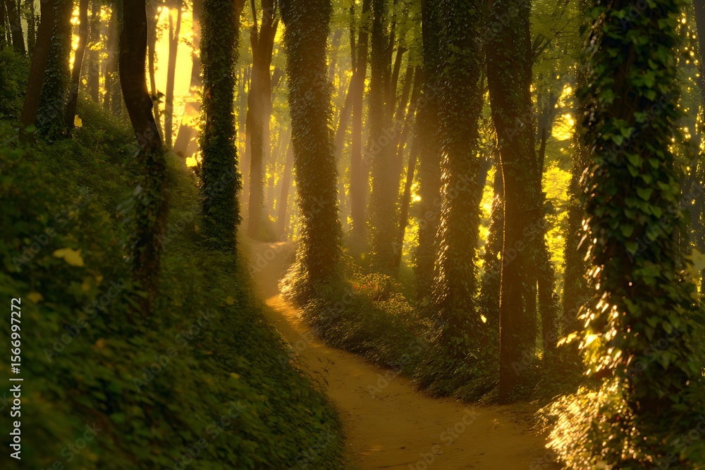 Fototapeta premium Sunlight filtering through a sun-drenched woodland path.