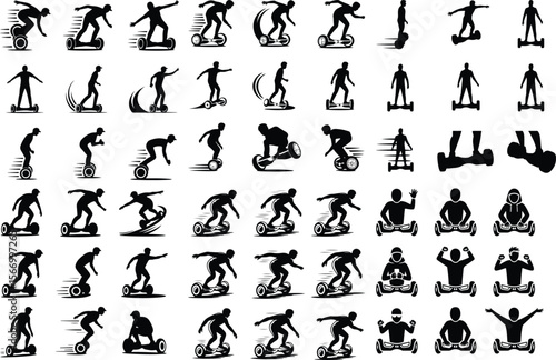 Person on Hoverboard Icons – Black Silhouette Vector Pack Hoverboard Rider Silhouette Set – Modern Transport Icon Collection