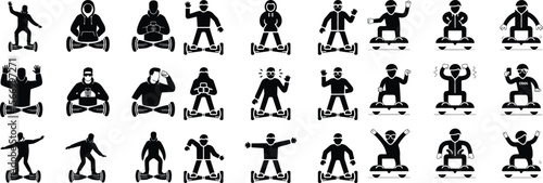 Person on Hoverboard Icons – Black Silhouette Vector Pack Hoverboard Rider Silhouette Set – Modern Transport Icon Collection