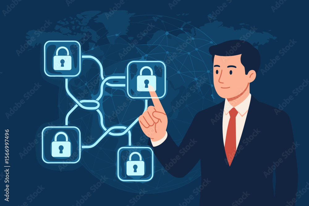 Blockchain technology concept with a businessman touching a secure global network. Chain of encrypted blocks to protect business data. Cybersecurity, fintech, and distributed ledger vector. Blockchain technology concept with a businessman touching a secure global network. Chain of encrypted blocks to protect business data. Cybersecurity, fintech, and distributed ledger vector.