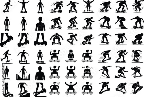 Person on Hoverboard Icons – Black Silhouette Vector Pack Hoverboard Rider Silhouette Set – Modern Transport Icon Collection
