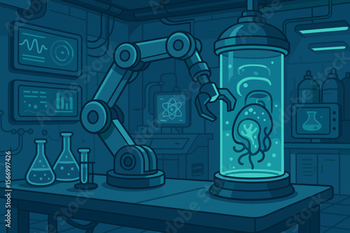 Futuristic science lab with robotic arm studying an alien jellyfish specimen in a containment chamber. Biotechnology, genetic research, and scientific experiment vector cartoon.