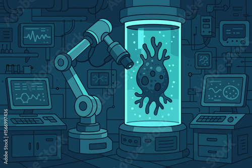 Futuristic laboratory with a robotic arm studying a specimen in a containment capsule. Advanced science concept for biotechnology, genetics, virology research, and discovery.