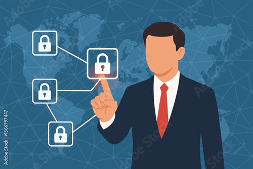 Blockchain technology concept. Businessman touching a padlock icon on a distributed ledger network. Secure chain of encrypted blocks for global business data and information security.