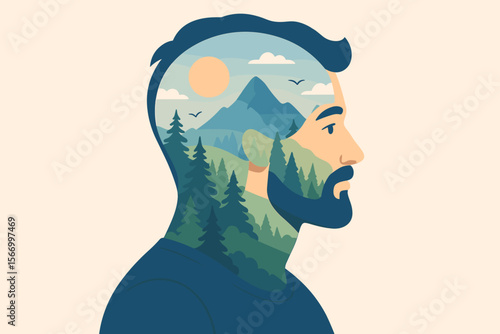Mental health concept showing inner peace and harmony. Double exposure of man's head silhouette with a mountain forest landscape. Psychology, mindfulness, connection with nature.