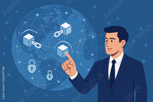 Blockchain technology concept with a businessman managing a global network. Secure decentralized ledger with encrypted blocks for data security. Fintech, cryptocurrency, and digital finance.