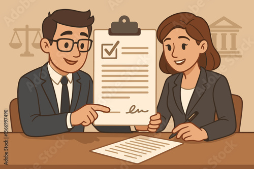 Businesswoman signing a legal contract agreement document with her lawyer. Man and woman closing a business deal. Partnership, legal advice, consultation, and finance concept.
