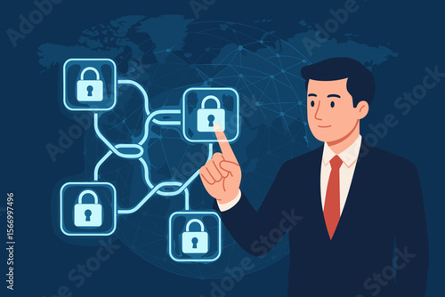 Blockchain technology concept with a businessman touching a secure global network. Chain of encrypted blocks to protect business data. Cybersecurity, fintech, and distributed ledger vector.