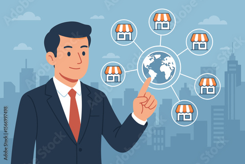 Franchise business concept. Businessman pointing at a global network of stores. International expansion and marketing strategy. Flat vector illustration of a retail chain system.