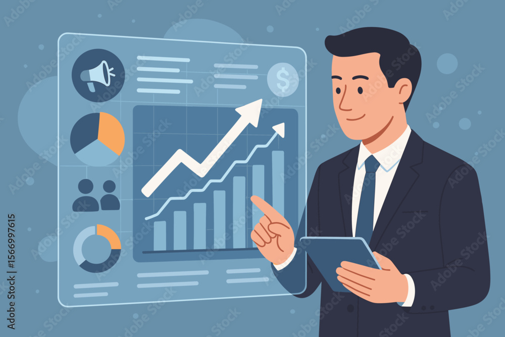 Businessman analyzing sales data and economic growth graph on a futuristic hologram screen. Business strategy, digital marketing, and financial analytics concept vector illustration. Businessman analyzing sales data and economic growth graph on a futuristic hologram screen. Business strategy, digital marketing, and financial analytics concept vector illustration.