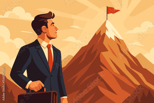 Business goal achievement concept. Ambitious businessman with briefcase looking at mountain peak with red flag. Metaphor for career success, leadership, vision, and determination.