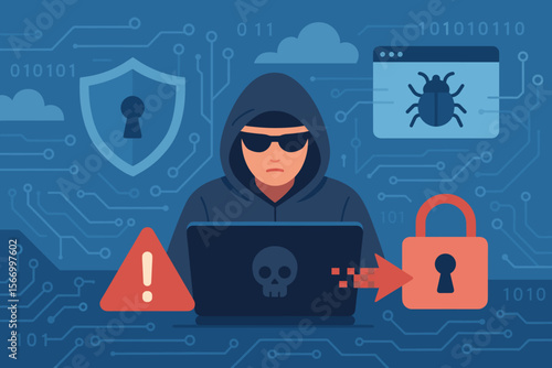 Hacker cyber attack concept illustration. Anonymous man in hoodie with laptop. Cybersecurity threat, virus, malware. Internet data protection, phishing, fraud, and ransomware risk.