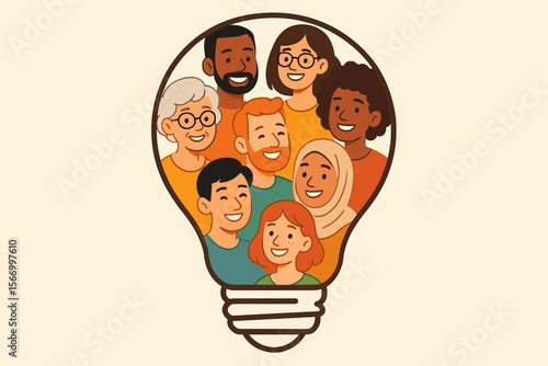 Diverse group of people inside a light bulb symbolizing a collective idea. Metaphor for creativity, innovation, teamwork, brainstorming, and community collaboration. Unity in diversity.