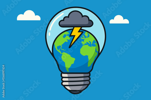 Earth globe inside a light bulb with storm cloud and lightning, global environmental crisis, climate change, urgent problem, modern flat vector cartoon illustration
