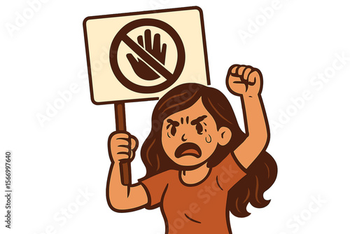 Angry female protester holding a stop sign against abuse and violence. Woman activist with raised fist. Concept of women's rights, feminism, domestic violence, harassment. Vector.