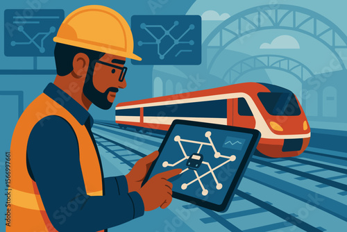 Railway engineer with tablet manages train control system. Public transport logistics, network analysis. Worker inspects route diagnostics on app at station. Smart transit technology.