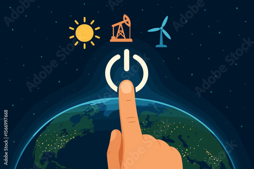 Energy choice concept with finger on power button. Solar, wind, and oil icons above Earth. Global power, environment conservation, and renewable resource decision vector illustration.
