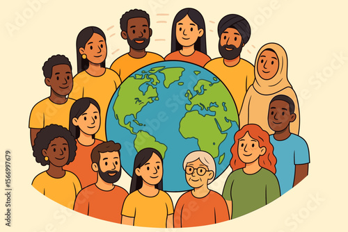 Diverse group of people from different cultures and races standing together around the Earth globe. Global community, unity, and inclusion concept. Multicultural society vector illustration.