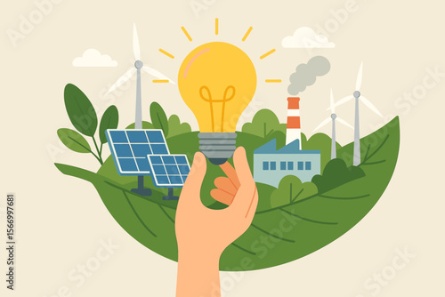 Hand holding light bulb, a green energy idea. Sustainable development concept with solar panels, wind turbines on leaf. Renewable electricity vs polluting factory. Environmental care.