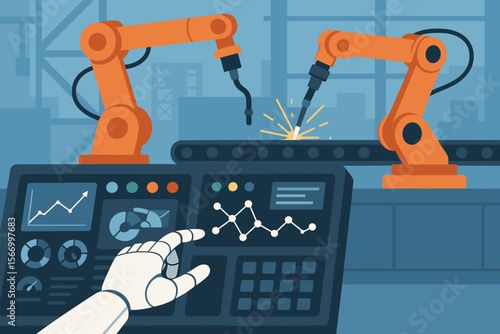 Robot hand controlling smart factory dashboard with industrial robotic arms welding on conveyor. Industry 4.0 automation, AI technology, digital manufacturing and production concept.