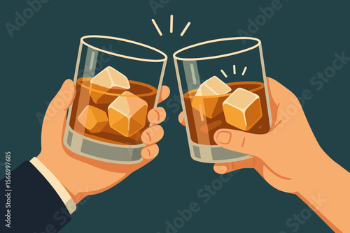Cheers and toast with whiskey. Two hands clinking glasses of bourbon with ice cubes. Friends or businessmen celebrating success at a party after work. Flat vector illustration.