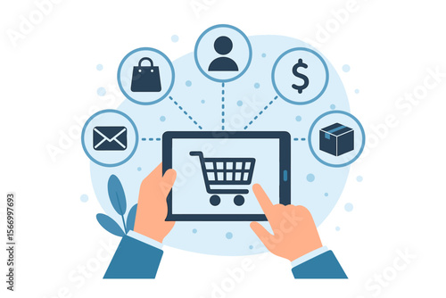Online shopping and digital payment concept. Hands using tablet for e-commerce, virtual cart, customer network, delivery, banking, marketing, business technology, mobile commerce, transaction icons