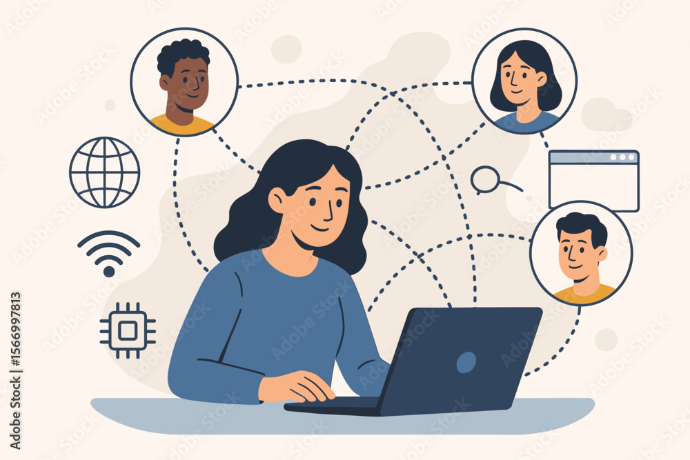 Remote team collaboration network. Online communication, virtual teamwork, digital workspace, internet connectivity, technology, wireless connection, diverse people, modern flat vector illustration Remote team collaboration network. Online communication, virtual teamwork, digital workspace, internet connectivity, technology, wireless connection, diverse people, modern flat vector illustration