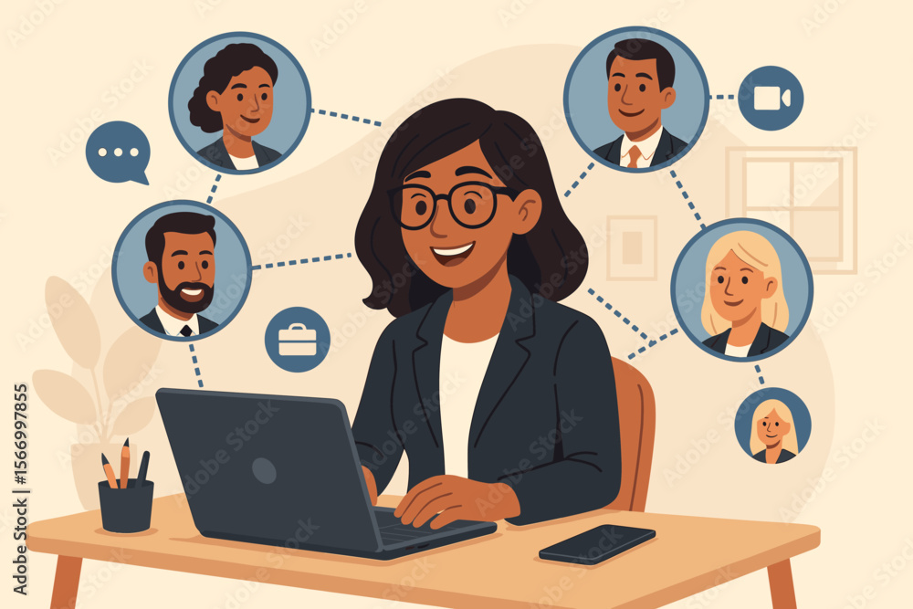 Remote businesswoman networking online, virtual team collaboration, digital communication, remote work, video conference, diverse colleagues, workplace technology, cartoon vector illustration Remote businesswoman networking online, virtual team collaboration, digital communication, remote work, video conference, diverse colleagues, workplace technology, cartoon vector illustration