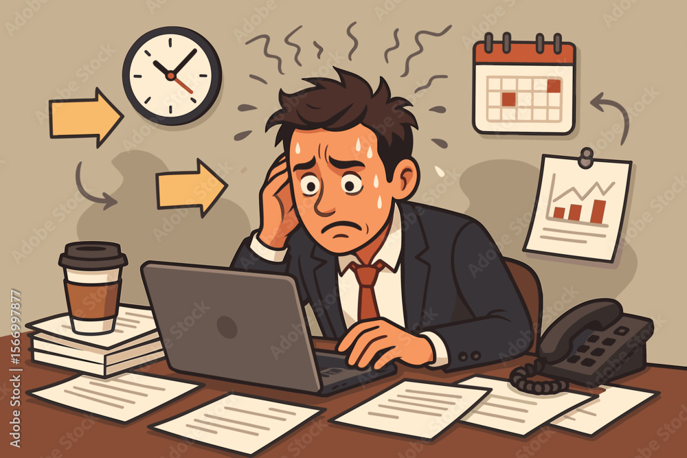 Overwhelmed stressed businessman at desk with laptop, paperwork, coffee, clock, calendar, urgent deadlines, office chaos, project pressure, cartoon vector illustration, time management crisis Overwhelmed stressed businessman at desk with laptop, paperwork, coffee, clock, calendar, urgent deadlines, office chaos, project pressure, cartoon vector illustration, time management crisis