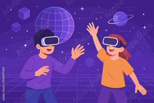 Teenagers Experiencing Metaverse Virtual World with VR Headsets. Augmented Reality Gaming, 3D Simulation, Futuristic Technology, Immersive Visualization, Digital Entertainment, Interactive Play