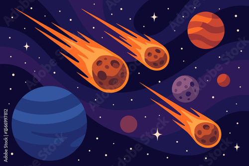 Fiery Meteorites and Asteroids Flying Through Deep Outer Space with Colorful Planets, Distant Stars, Cosmic Background, Modern Flat Vector Cartoon Illustration for Astronomy and Science Themes