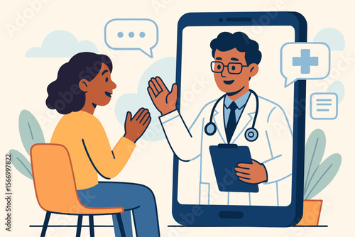 Telemedicine consultation concept. Patient talking to doctor via smartphone. Online healthcare service, remote medical advice, virtual visit, digital health communication. Vector cartoon illustration.