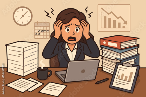 Stressed businesswoman overwhelmed by paperwork, deadlines, office stress, burnout, anxiety, workload, time pressure, financial loss, corporate crisis, desk clutter, cartoon vector illustration