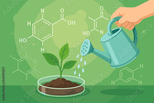 Watering Young Plant in Laboratory Petri Dish, Biochemistry Molecular Structure, Botanical Science Experiment, Growth, Genetics, Green Background, Modern Flat Vector Illustration Concept