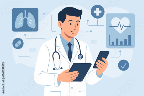 Digital healthcare technology, doctor using tablet and smartphone, telemedicine consultation, medical data analysis, electronic health records, modern hospital, pharmaceutical industry concept