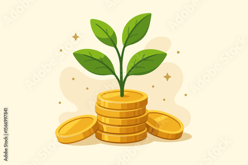 Investment growth concept. Green plant sprouting from stack of gold coins. Financial success, wealth accumulation, savings, economic prosperity, sustainable finance, money growth metaphor illustration