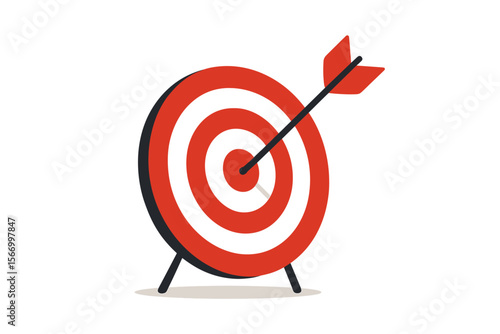 Red target board with arrow hitting bullseye, archery aim, success and achievement concept, business goal setting, accuracy, motivation, flat vector illustration, isolated on white background