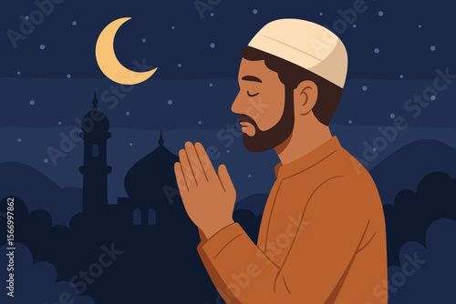 Muslim man praying at night under crescent moon, Islamic mosque silhouette background, Ramadan, Eid, spirituality, faith, devotion, evening prayer, traditional clothing, peaceful night sky
