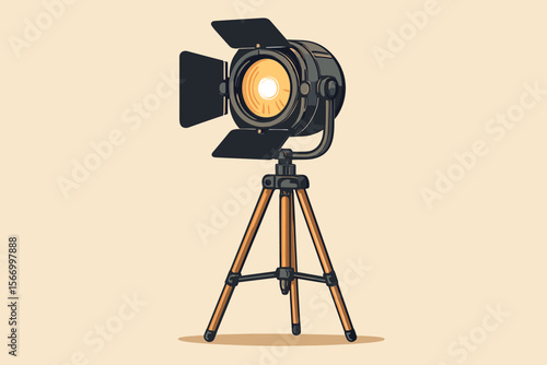 Vintage studio spotlight on tripod stand. Retro movie stage lighting equipment. Classic film production lamp. Cinematic theater light. Modern flat vector illustration. No text. Isolated object.