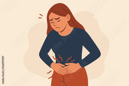 Woman holding stomach in pain, suffering from abdominal cramps, menstrual period pain, stomachache, indigestion, gastric ulcer, appendicitis, gastrointestinal disease, healthcare concept illustration