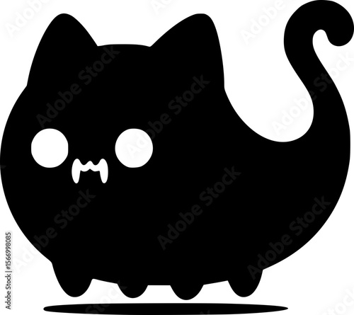 Ghost cat silhouette with tiny fangs, cute horror vibe, meme vector
