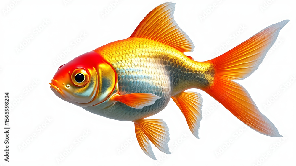 Realistic photograph of full body goldfish isolated on white background with vibrant orange and gold scales and delicate fins Realistic photograph of full body goldfish isolated on white background with vibrant orange and gold scales and delicate fins