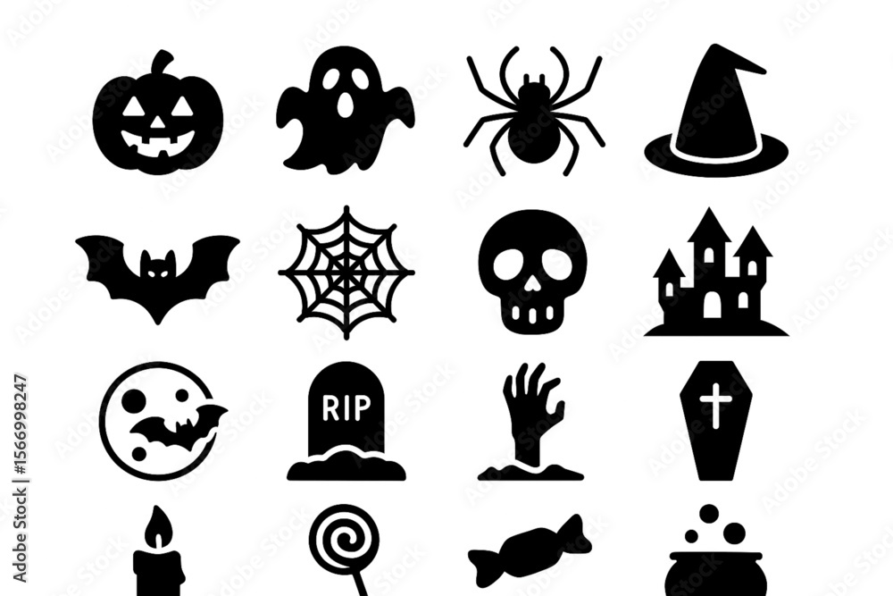 Obraz premium Halloween Solid Icons Set – Spooky and Festive Vector Symbols on White Background